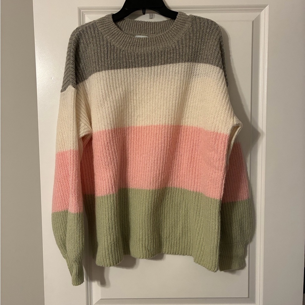 Striped Crewneck Sweater in Gray, Cream, Pink & Sage